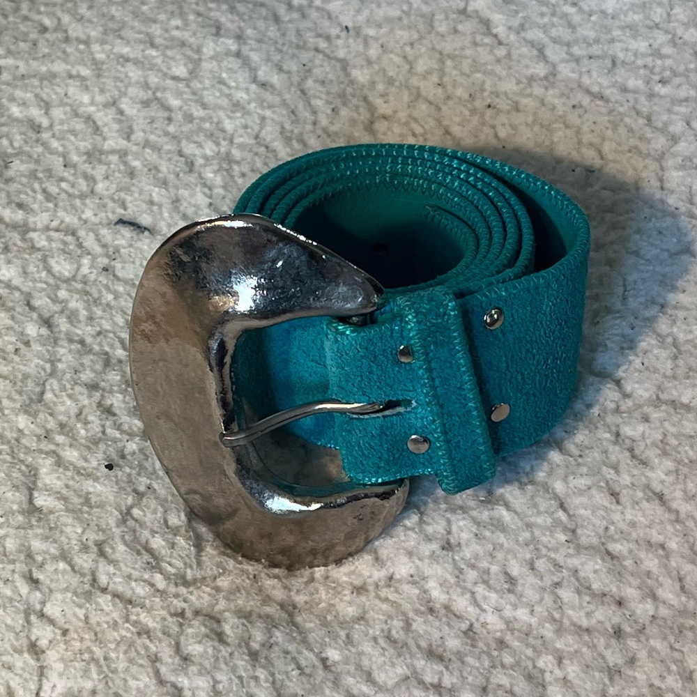 Vintage Stylish Suede Genuine Leather Teal Belt with Silver Buckle